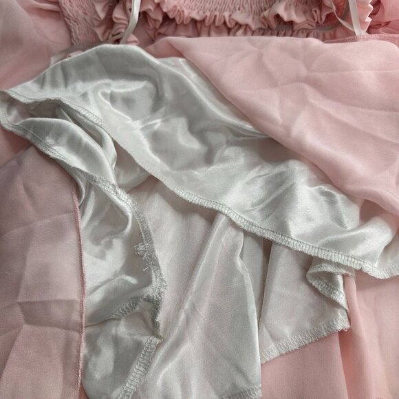 Shein Pink Off-Shoulder Smocked Mini Dress Lace Trim Sleeve Peasant Fairy Medium - Picture 9 of 11